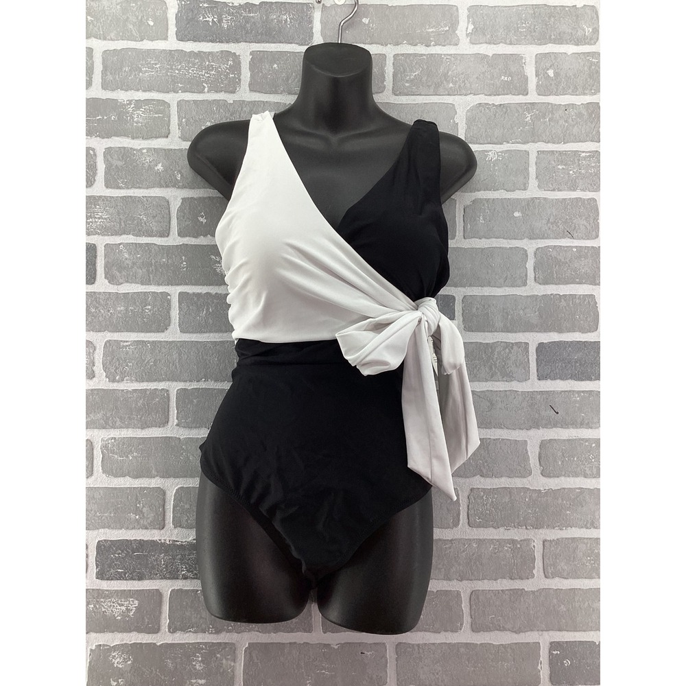 Raisins Curve Sahara Faux Wrap One Piece Swimsuit Black White E840080 16W